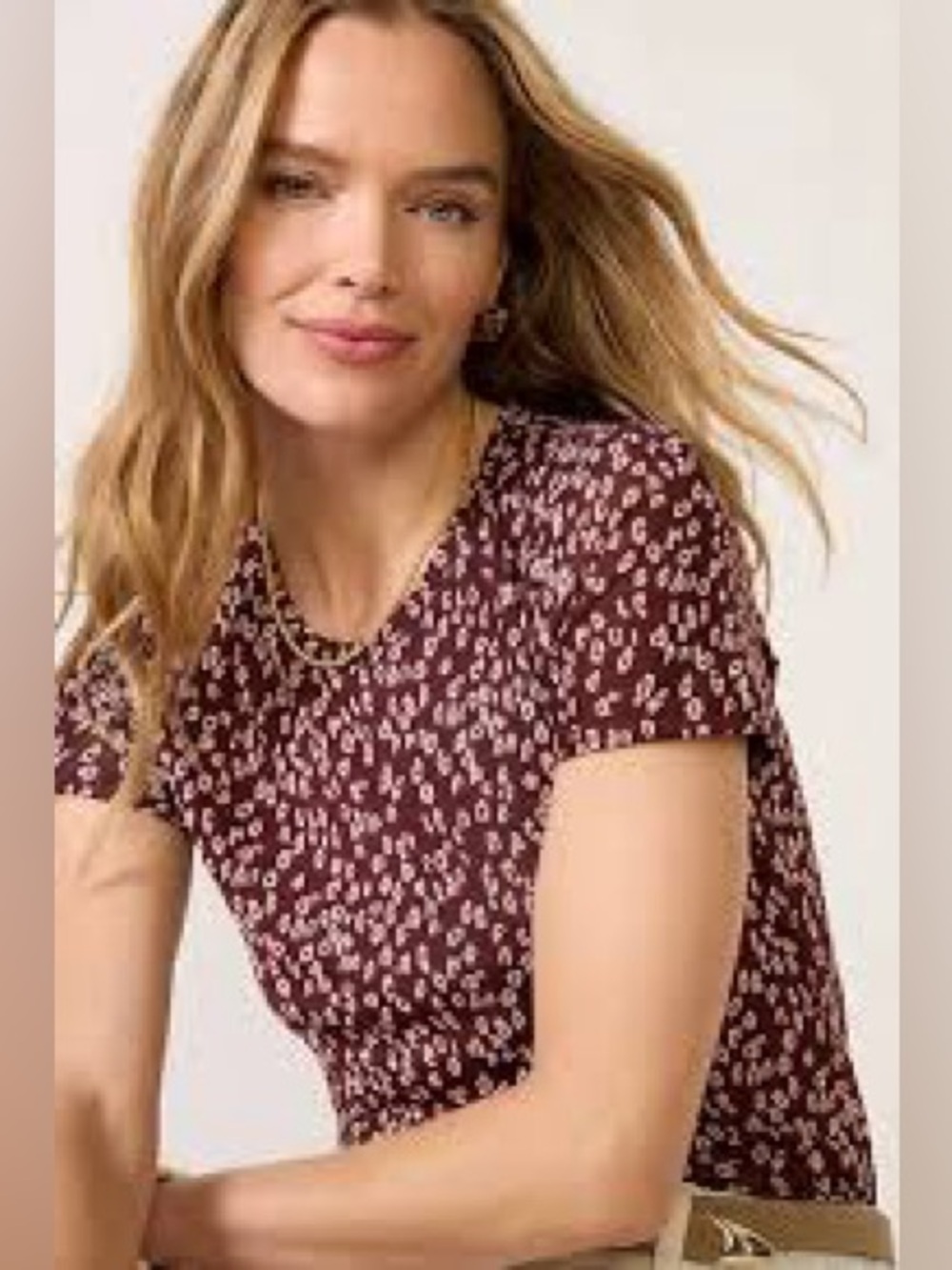 EVEREVE Emmy Mesh Tee Wine Ivory Animal Print XS NWT